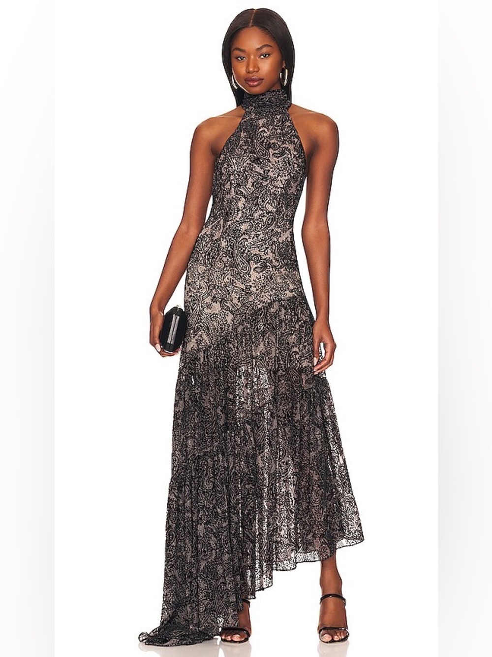LPA Ona Velvet Burnout Maxi Dress in Black & Cream